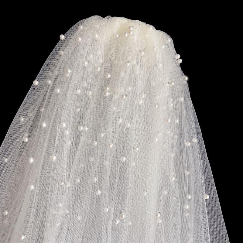 2022 French Style White Beaded Bridal Veil & Mid-Length Wedding Dress