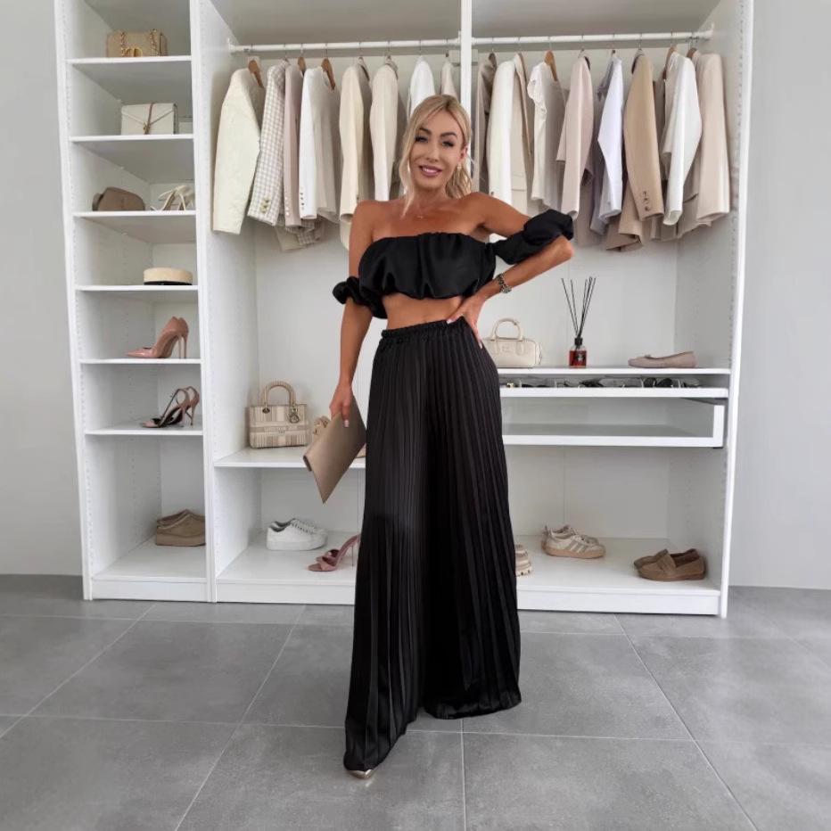 Elegant 25th Anniversary Strapless Pleated Long Pants Set In Solid Color