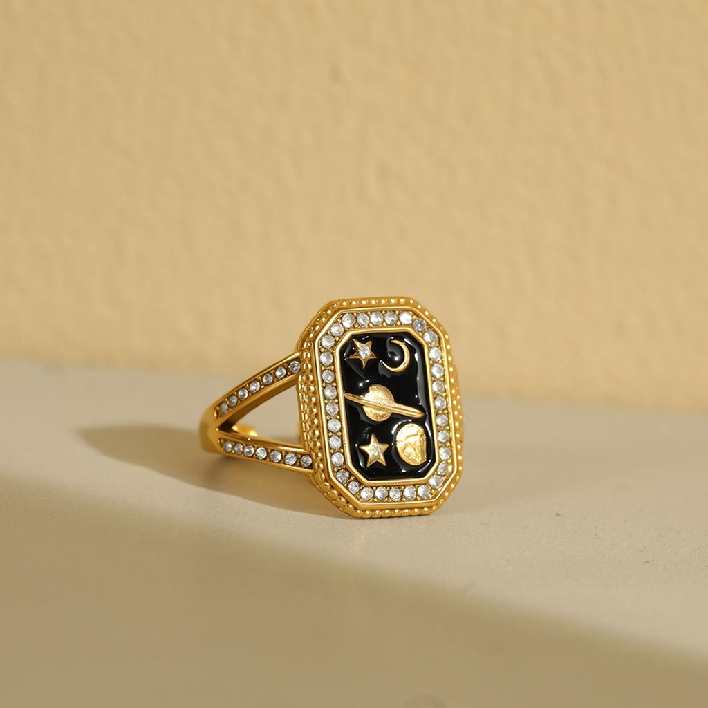 Vintage Rektangel Hjärta Måne Stjärna Emalj Ring för Kvinnor Rostfritt Stål Zirkon 18K Guldpläterad Fingerring Smycke Festgåva