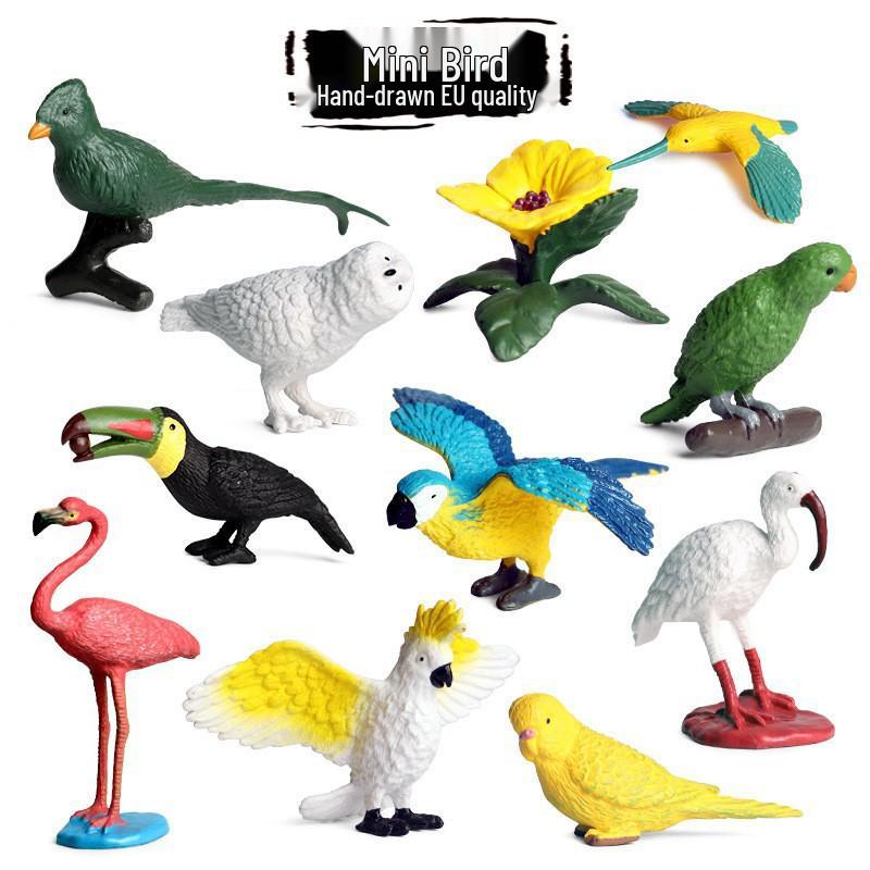 Miniature Bird Models: Parrot, Hummingbird, Woodpecker Desktop Ornaments Set