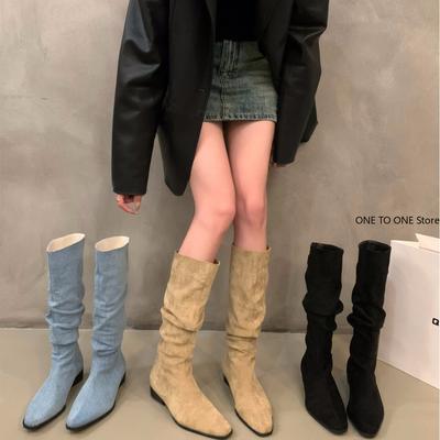 Botas femininas jeans de cano médio, novas botas retrô de bico fino, salto grosso, botas de cowboy ocidentais para mulheres, sapatos sociais, botas de montaria femininas