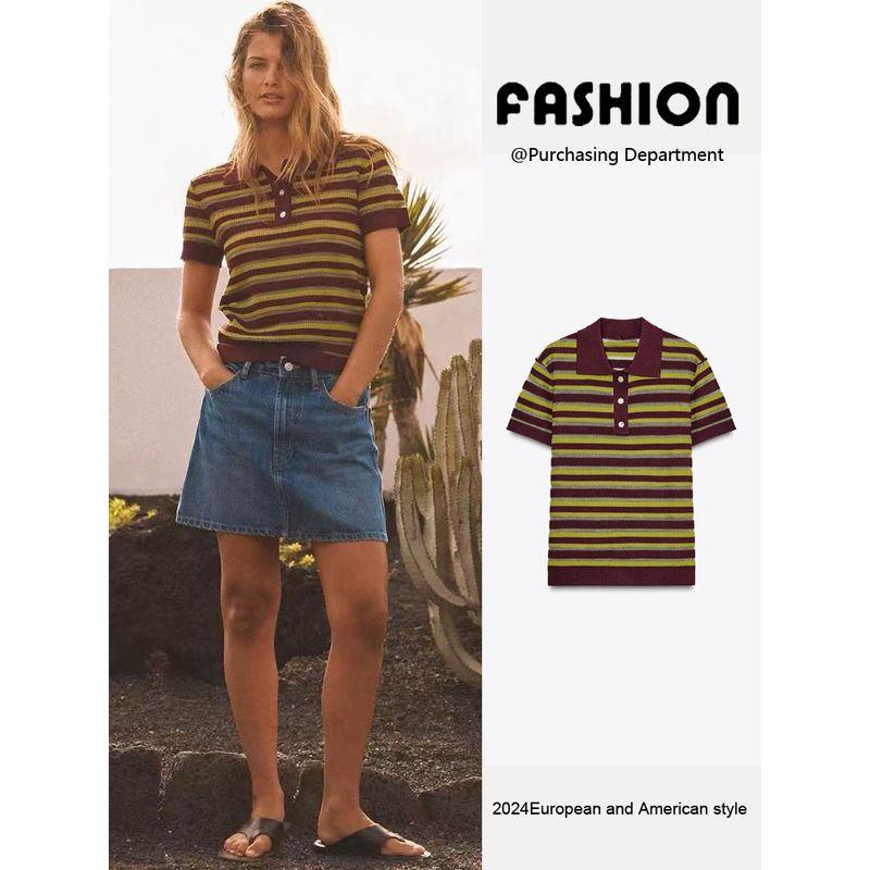 Za2025 Spring New Women clothes All-Match Striped Knitted Polo Shirt Collar Short sleeve Top 9598032 104
