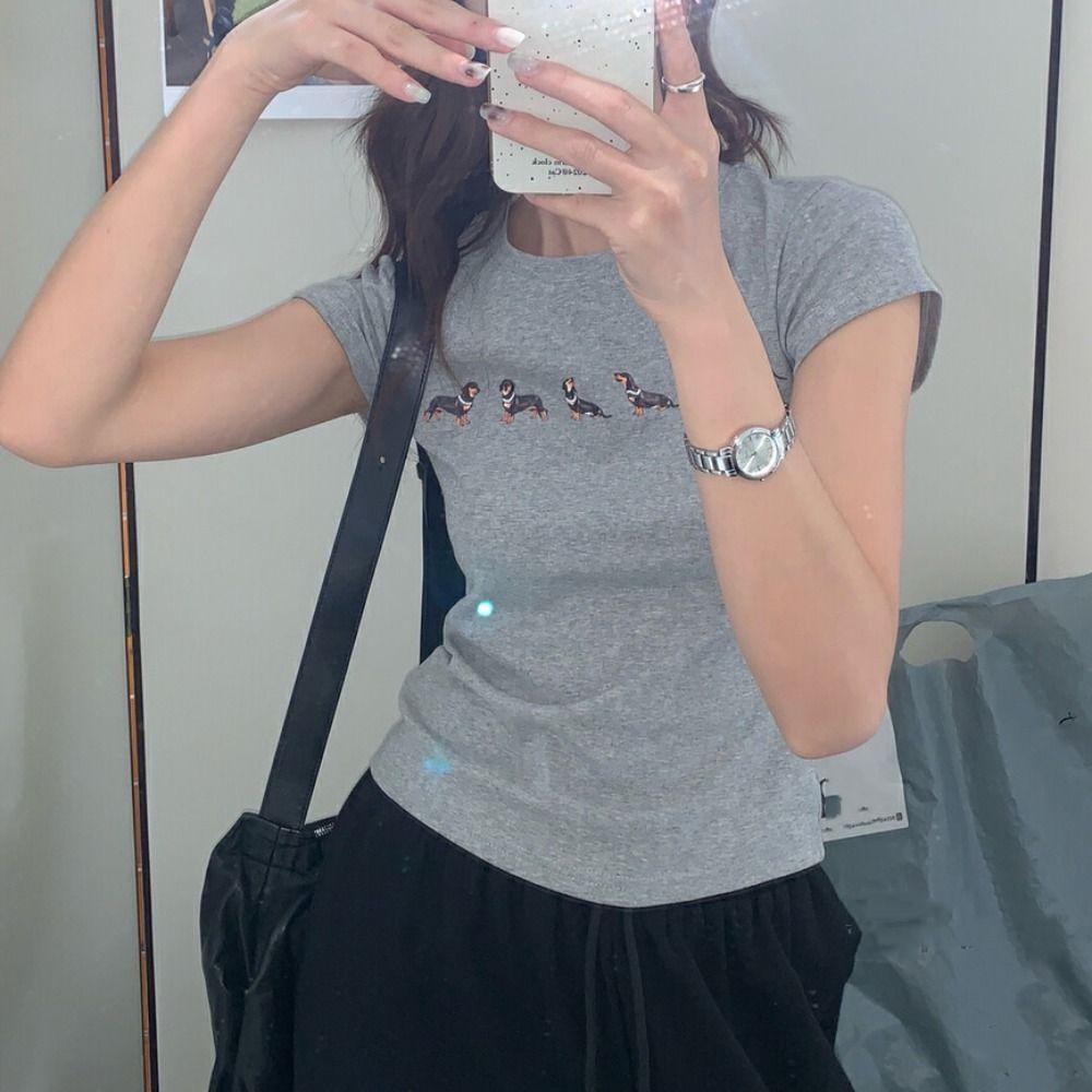 

Cartoon Dog Short Sleeve T-shirt Slim Fit Tees Shirts Women Fashion Y2K Crop Top Girls XL сірий