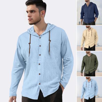 Men Tops Hooded Drawstring Long Sleeve Buttons Placket Shirt Tops Pure Color Regular Fit Casual