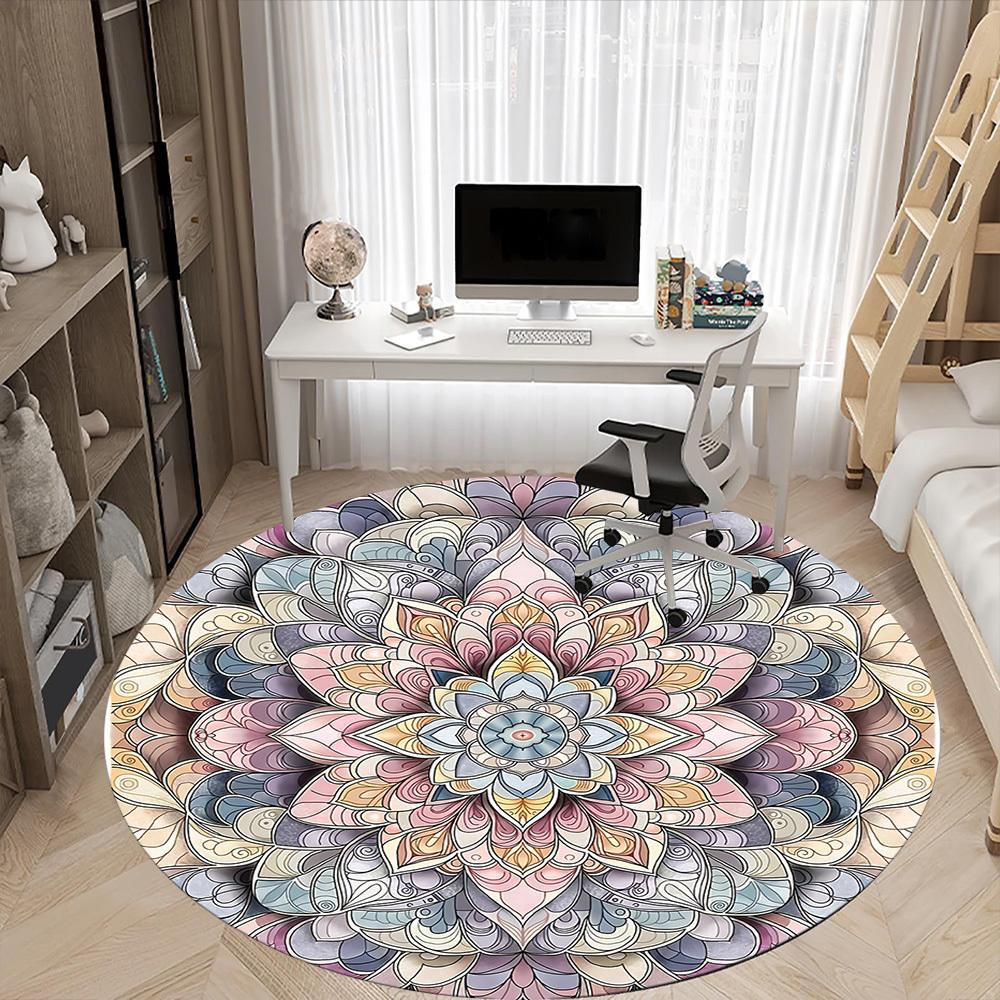 1 st Mandala Mönster Kontor Rund Matta, Halkfri, Mjuk och Slitstark Kontorsmatta för Inredning, Perfekt för Kontor