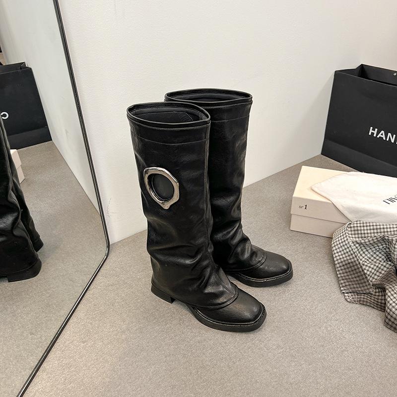 Star Meng Ziyi Has the Same Square Head Hole Design, Western Cowboy Boots, Women's Retro Versatile Thick-soled Thick-heeled Trouser Boots.