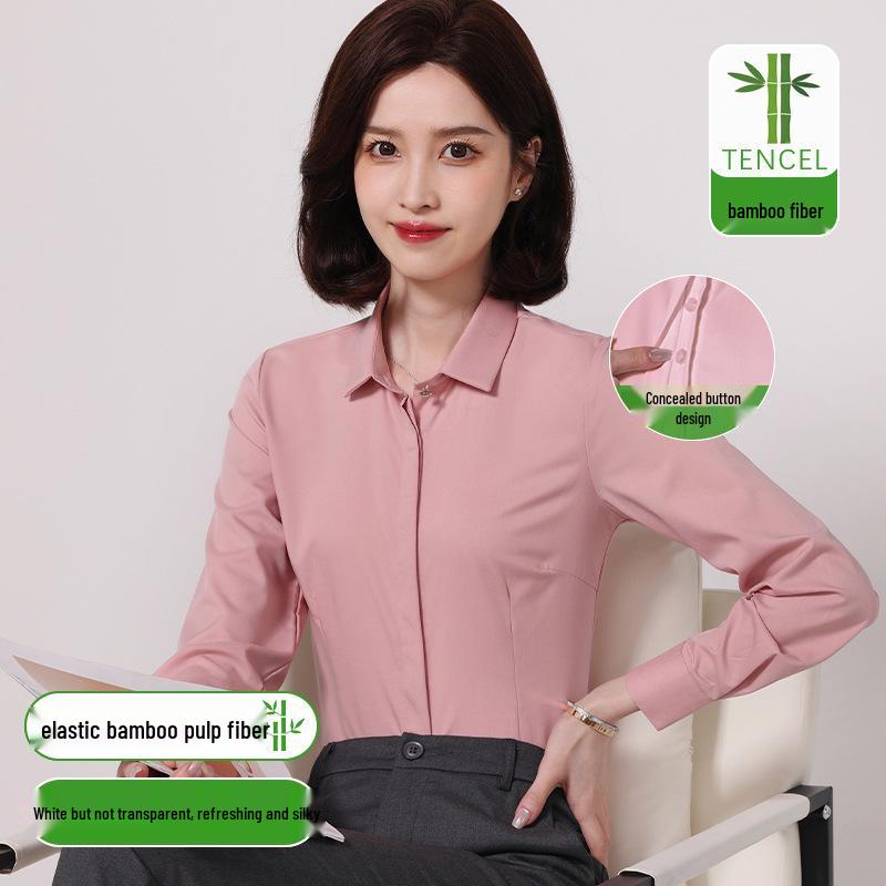 Women's Slim Fit Long Sleeve Bamboo Fiber Anti-Wrinkle White Shirt for Business or Casual Wear
