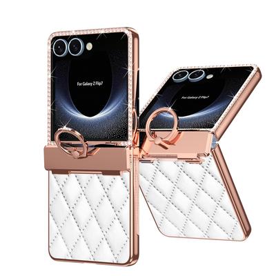 Per Samsung Galaxy Z Flip7 5G Custodia per Telefono in Pelle PU Placcata Glitter Bling con Anello di Diamante Cerniera Pellicola Protettiva Schermo Copertura Antiurto