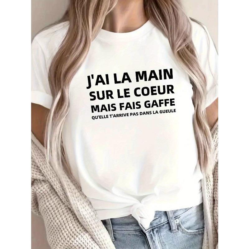Women's Hand on Heart Print T-Shirt - Main Coeur Short Sleeve Crew Neck TopCasual Blouse for Spring Summer Casual Attire, Machine Washable Non- Tee