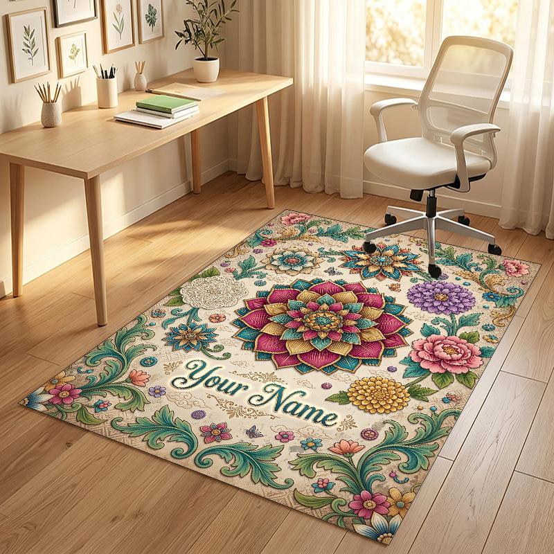 Floral Garden Theme Crystal Velvet Rug Personalized Custom Name Text Soft Floor Mat Home Decor