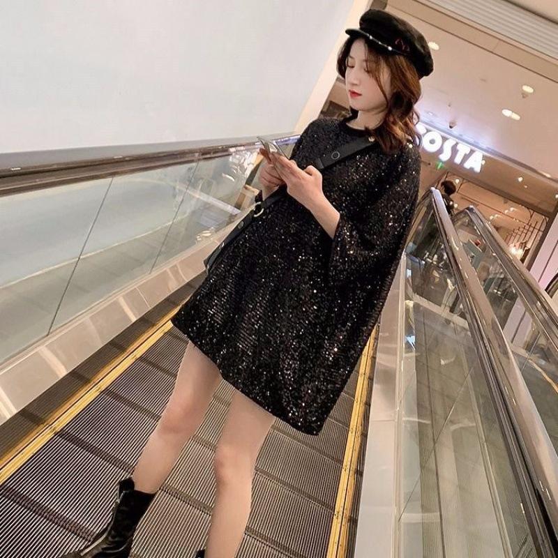 Women's Loose Sequin T-Shirt Dress Round Neck Short Sleeve Midi Tunic