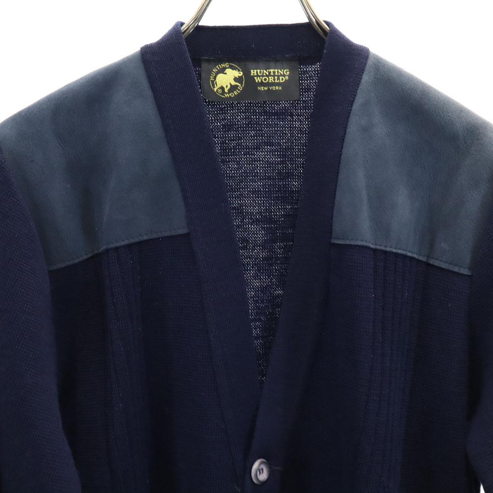 HUNTING WORLD 90-talls Ull Gammel Langermet V-hals strikket cardigan M Marineblå Herre Brukt