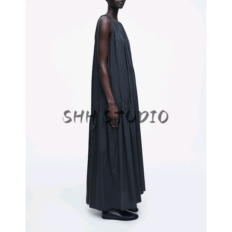 Spring New Women's Clothing Round Neck Sleeveless High Waist A- Line Casual Version Pleated Long Dress 1266203