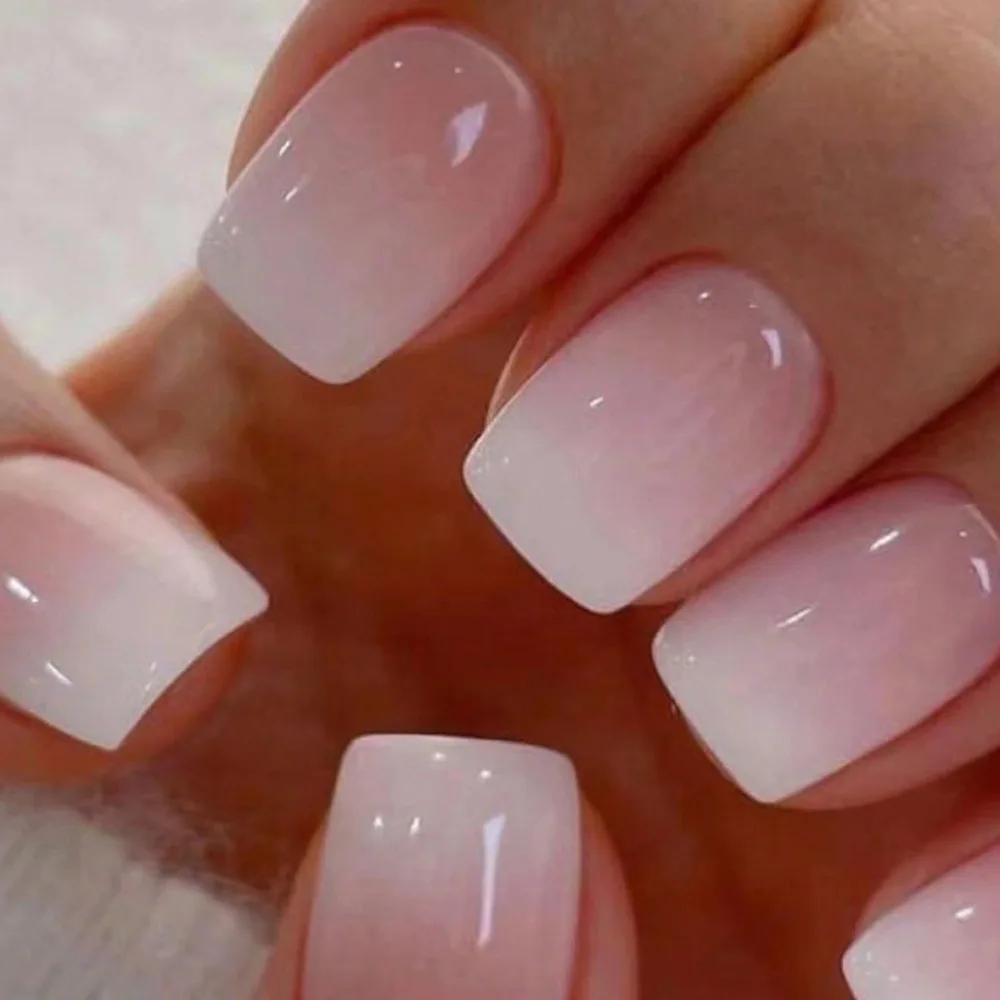 24Pcs Gradient White Short Square Ballet Fake Nails Simple Nude Full Cover Press On Manicure Tips