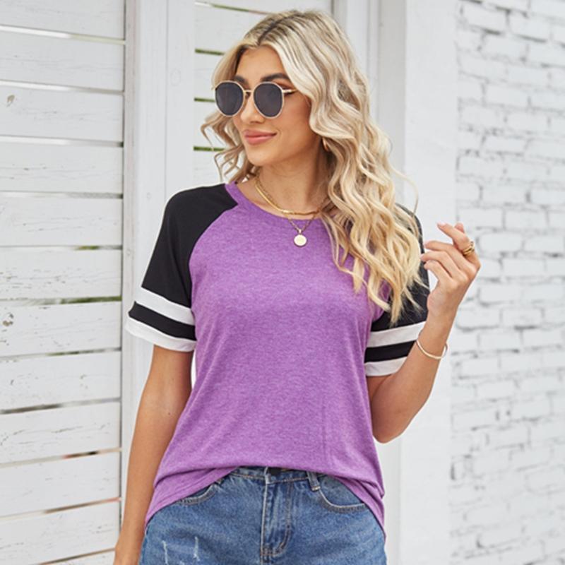 

Женская весенне-летняя свободная полосатая футболка с круглым вырезом и короткими рукавами XXL фиолетовый