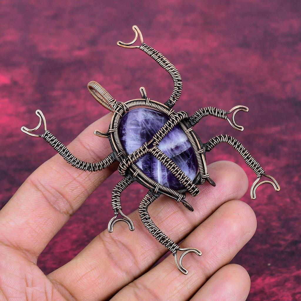 Chevron Amethyst Pendant Beetle Pendant Copper Wire Wrapped Gemstone Jewelry