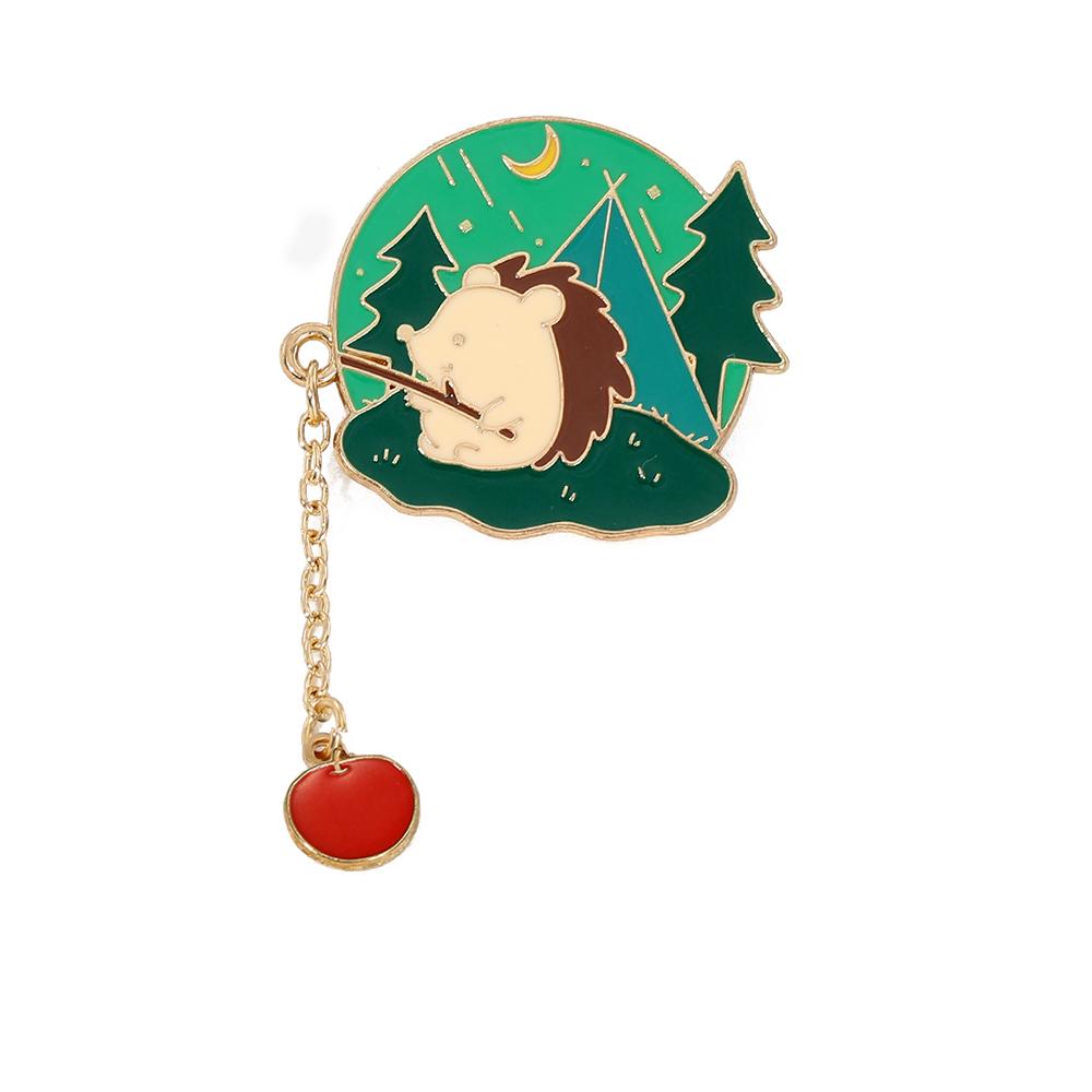 Creative Animal Fishing Food Chain Pins Cute Pretty Cat Rabbit Fox Polar Bear Hedgehog Enamel Brooches For Women Jewelry