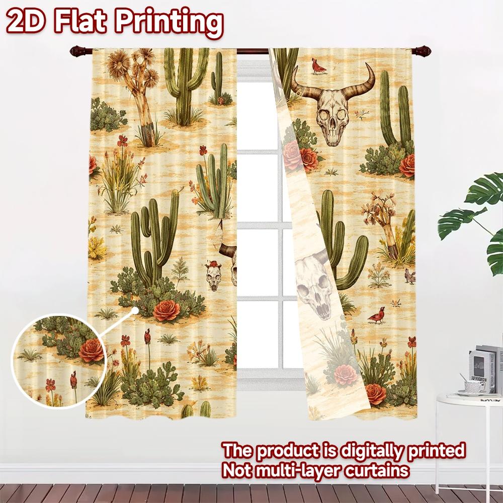2D FLAT PRINTING 2pcs Curtains (Without Rod) Desert Cactus and Skulls Print Chic Curtains Versatile 100% Polyester Curtains