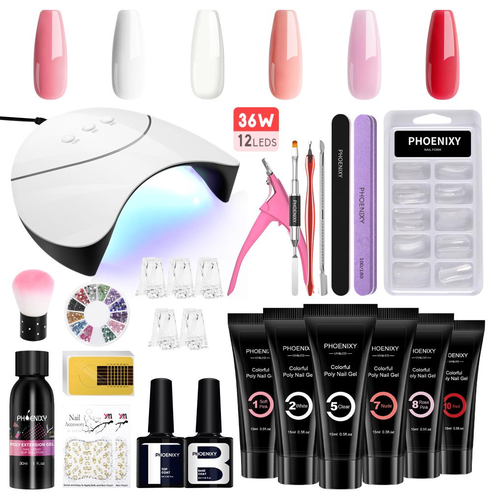 

PHOENIXY 6 цветов 15 мл акриловый полигель набор с 36W UV светодиодная лампа Poly Extension Nail Gel Kit Все для маникюра Набор быстрого строительства Гель