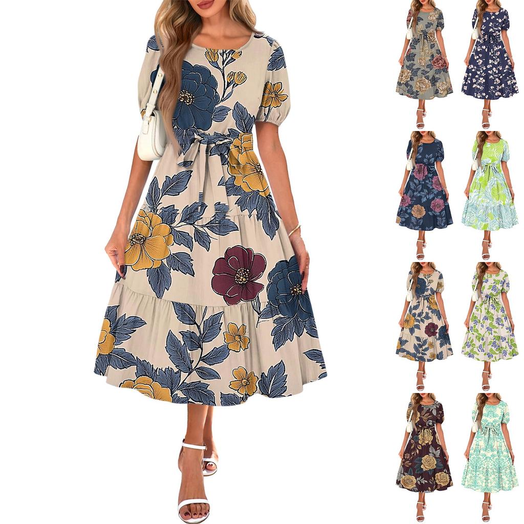 Women's Summer Short Sleeve Round Neck Waistband Bohemian Flowy Layered Maxi Dress With Pockets