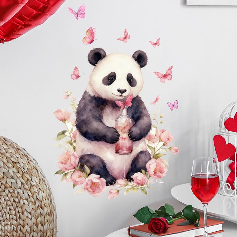 Cartoon Panda & Romantic Rose Butterfly Wall Sticker for Children's Bedroom - PVC Decor