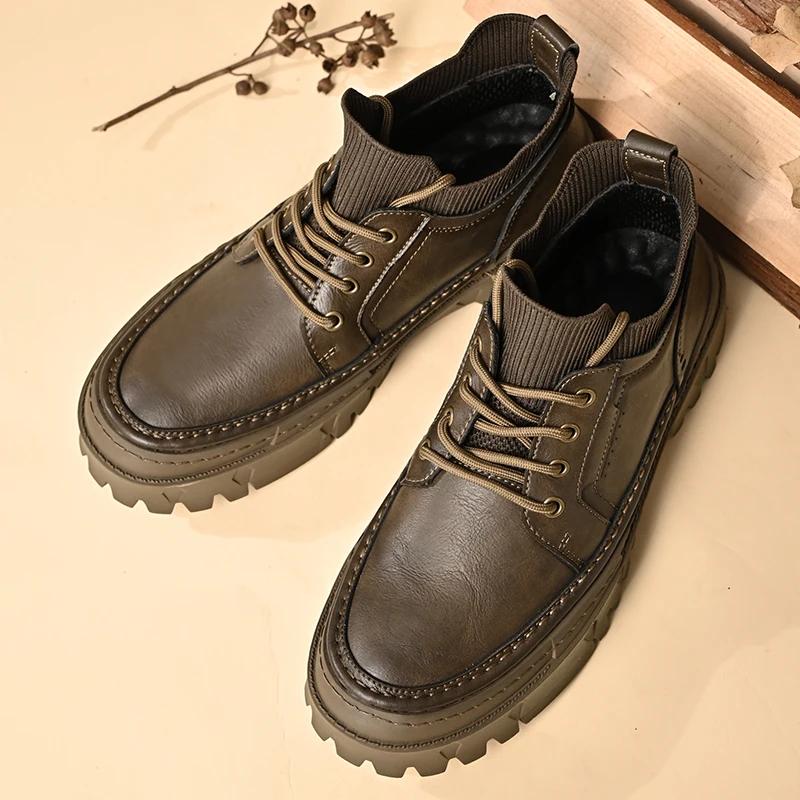 Designer Men's Genuine Leather Shoes Fashion High Top Shoes Winter Ankle Boots Men's Work Wear Shoes Thick Sole Elevated Shoes