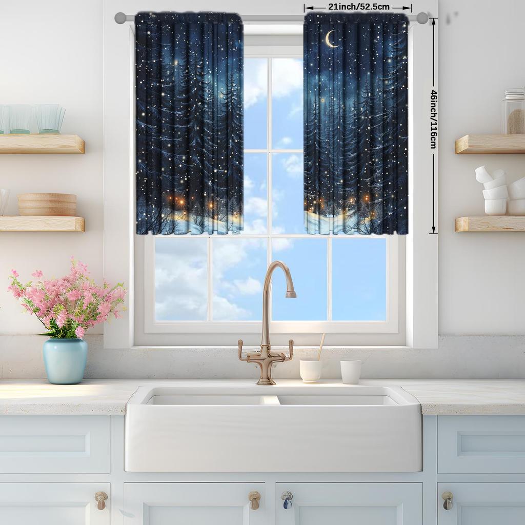 2 Piece Night Forest Snow Landscape Printed Curtains   Suitable for Gifting To Family and Friends   Semi Blackout Curtains
