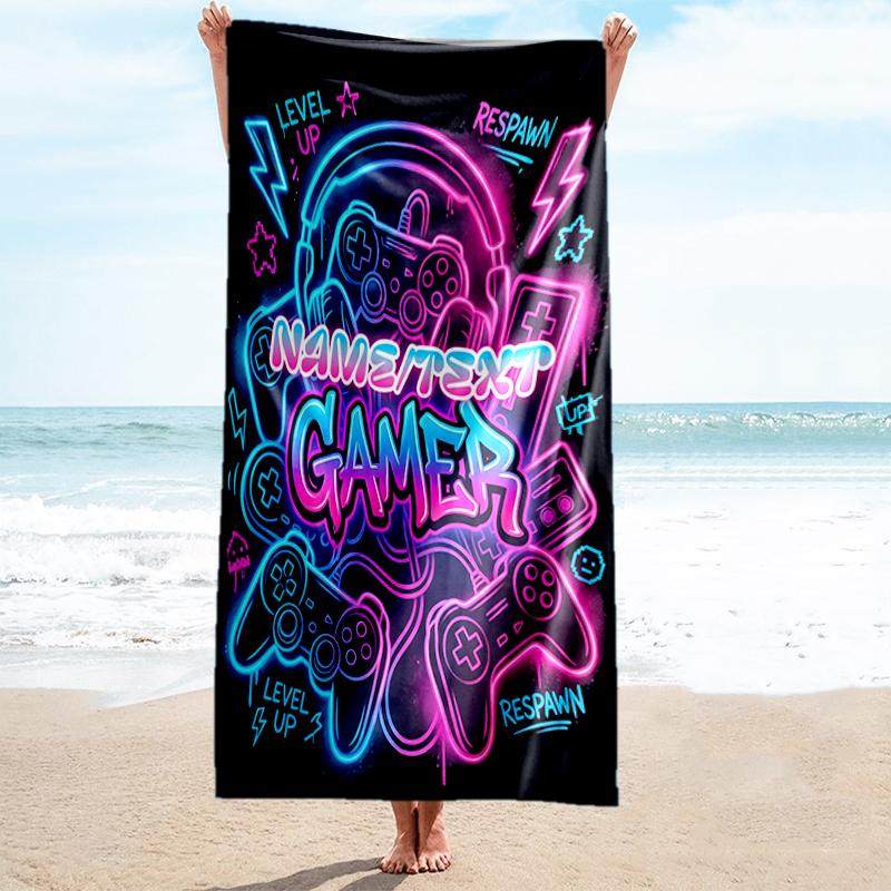 1PC Custom Name Neon Gamer Vibes Beach Towel Highly Absorbent And Sand-Resistant Towel for Swimming, Pool, Yoga, And Travel Lightweight