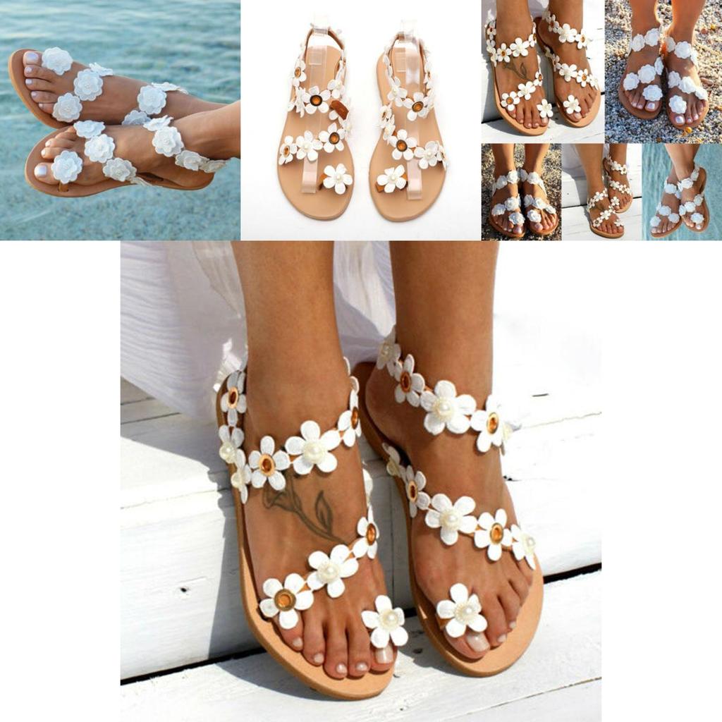 Elegant Women Summer Bohemia Flower Beach Sandals Flat Shoes Slippers Flip Flops