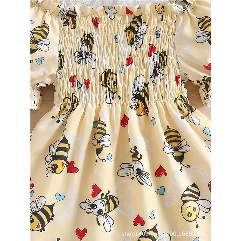 Modisches Prinzessinnenkleid für Mädchen Sommer Kinderkleid mit Bienenprint und süßem Hut