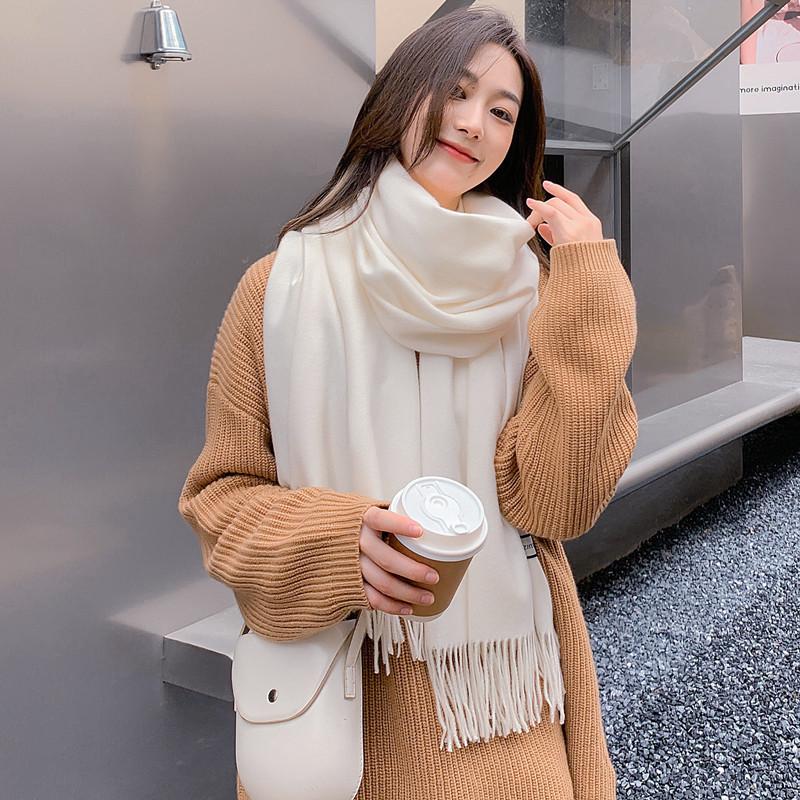 White Cashmere Scarf: Thickened, Solid Color, Versatile for Women & Men, Perfect for Autumn & Winter