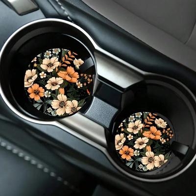 2pcs Floral Pattern Absorbent Cup Coaster, Stylish & Durable Fast-Drying Non-Slip Car Cup Mat