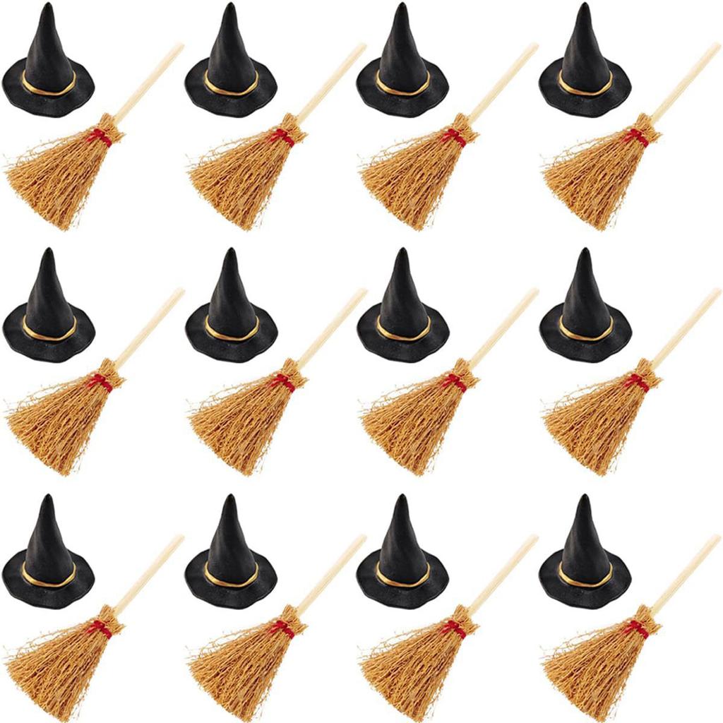 Pack of 24 Miniature Broomstick Witch Hat Set Halloween Party Decorations PVC Crafts Accessories for Home Event