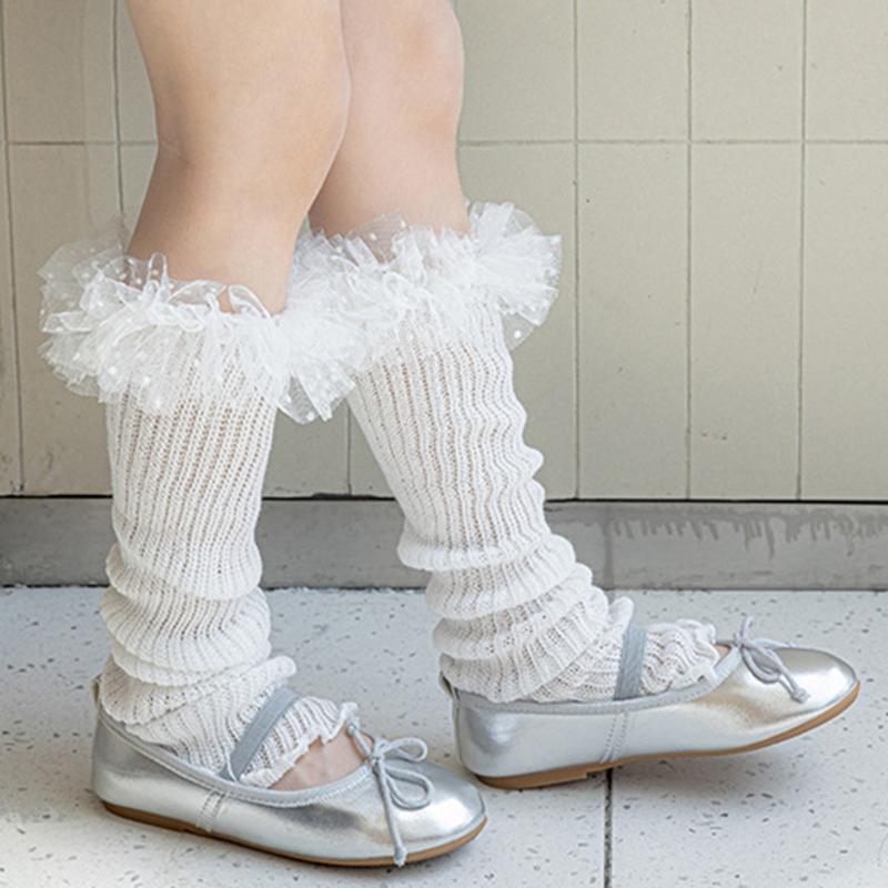 Breathable Cotton Lace Socks for Kids Age 3-13 Years Soft & Comfortable Elastic Leg Warmer with Dot Tulle