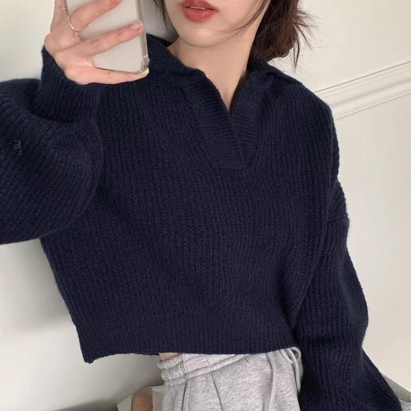Korean Chic Autumn Winter Half Open Neck Loose Casual Solid Sweet Girl Tops All-match Lantern Sleeve Knitted Sweater Women 30988