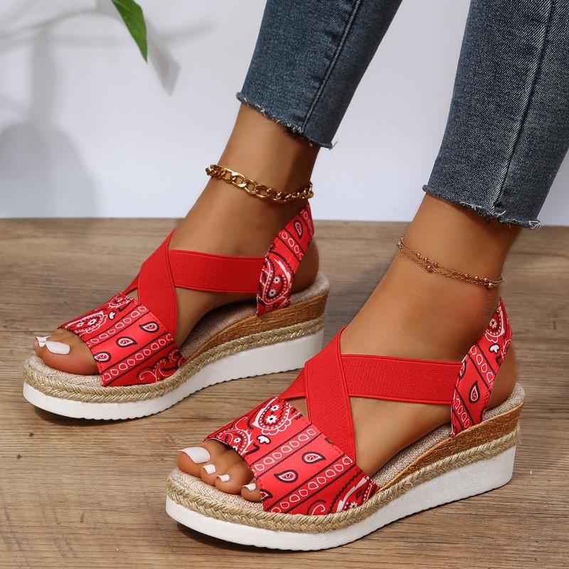 Sommer neue elastische Band flache Sohle Damen Sandalen große Größe leicht Taille Hanfseil dicke Sohle Keilabsatz Sandalen