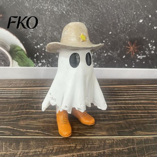 Weiße Geisterdekoration Halloween Cowboy-Statue, Gruselige Harzfigurine, Westliche Tischdekoration Skulptur mit Stiefel und Hut für Kaminsims, Etagen