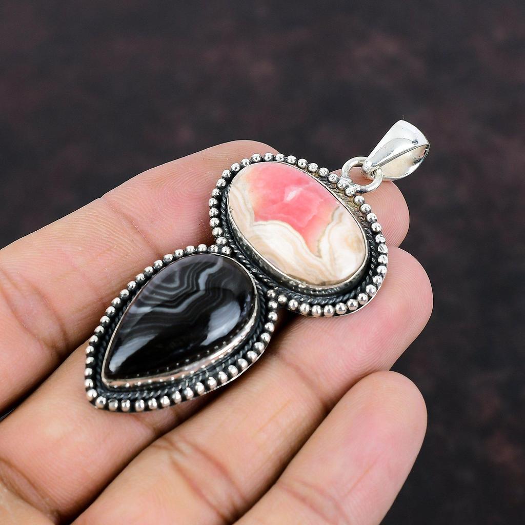 Rhodochrosite Pendant Psilomelane Pendant 925 Sterling Silver Pendant Handmade Jewelry Genuine Gemstone Pendant Vintage Jewelry Gift For Him