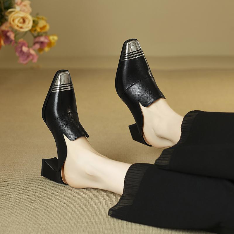Fashion Women's Shoes 2025 New Summer Metal Headed Genuine Leather Cowhide High Heels Large Square Headed Retro Muller Slippers