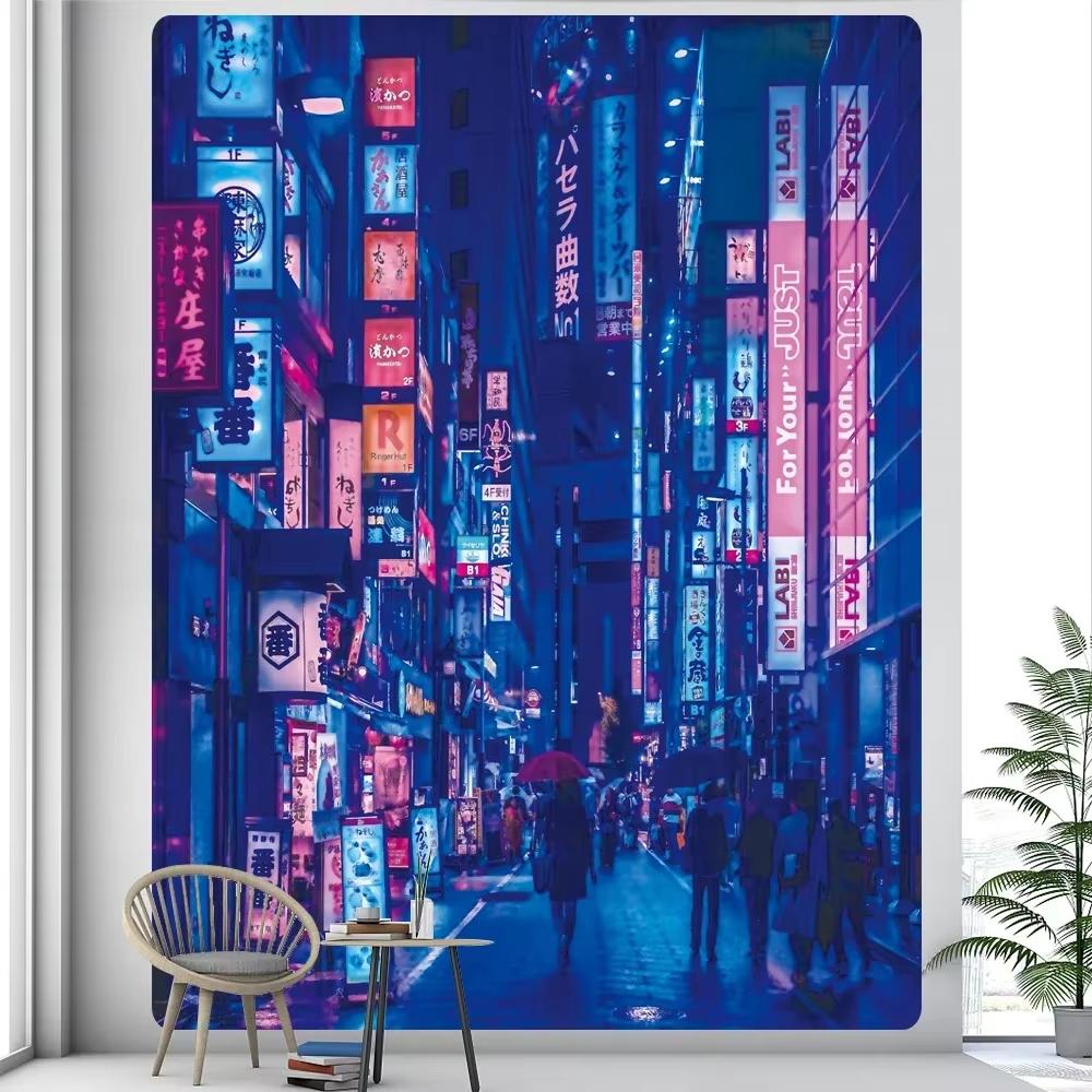 Glowing Tokyo Nightlife Tapestry, Japanese Metropolitan Bohemian Wall Hanging For Bedroom Living Room Hippie Sheet