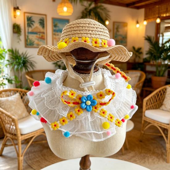 1 Set Cute Flower Cat Outfit Straw Sun Hat And Lace Ruffled Cat Bandana Bib Sweet Pet Accessory with Colorful Pom-Poms for Cats Dogs Photos Parties