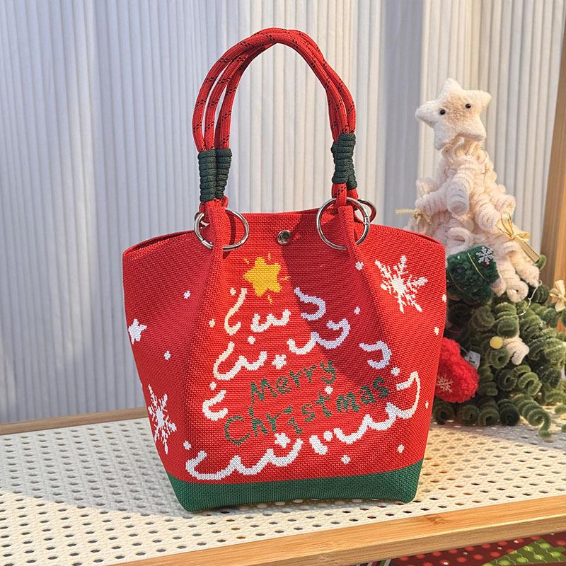 Cartoon Reindeer Santa Claus Knitted Bucket Bag For Women  Large Capacity Portable Handbag Christmas Knitted Gift Bag