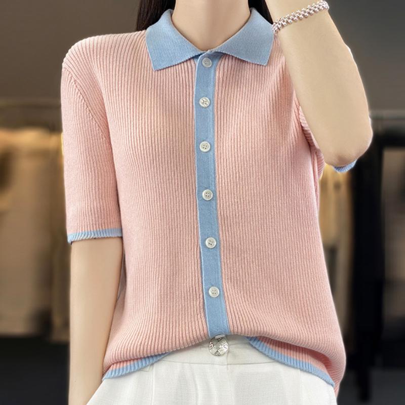 IHUASU Cotton Knitted Cardigan Short-sleeved T-shirt Women's Summer Slim Versatile Bottoming Outside Wear
