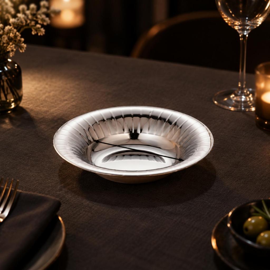 Stainless Steel Serving Plate Reflective with Fluted Rims Silver Polished