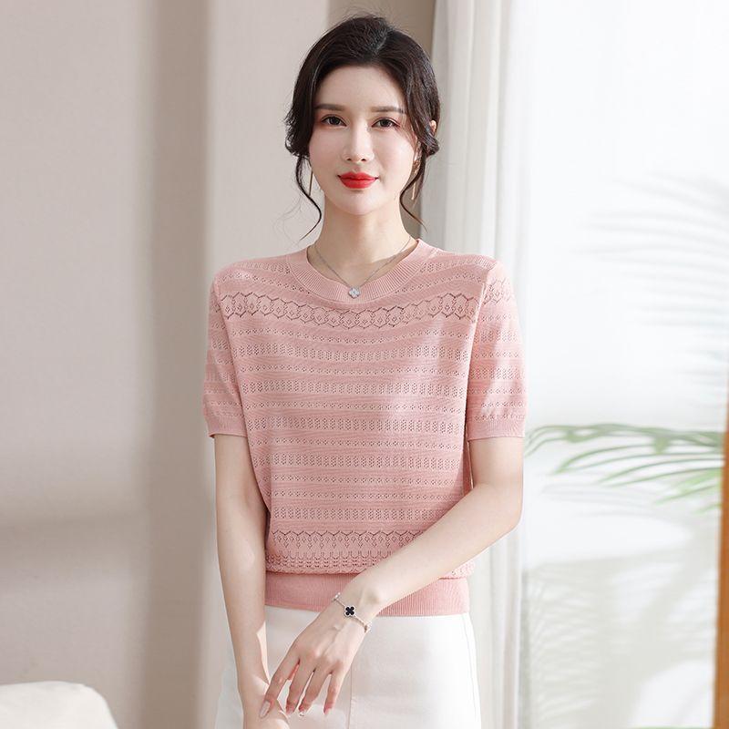 Women's Thin Hollow Ice Silk Knitted Short Sleeved T-shirt Summer Short Top Stylish Small Shirt