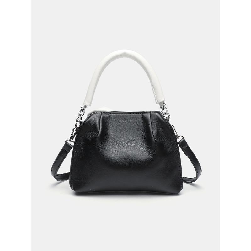 Fashiable and versatile color blocking small square bag with bow and pleated black handbag
