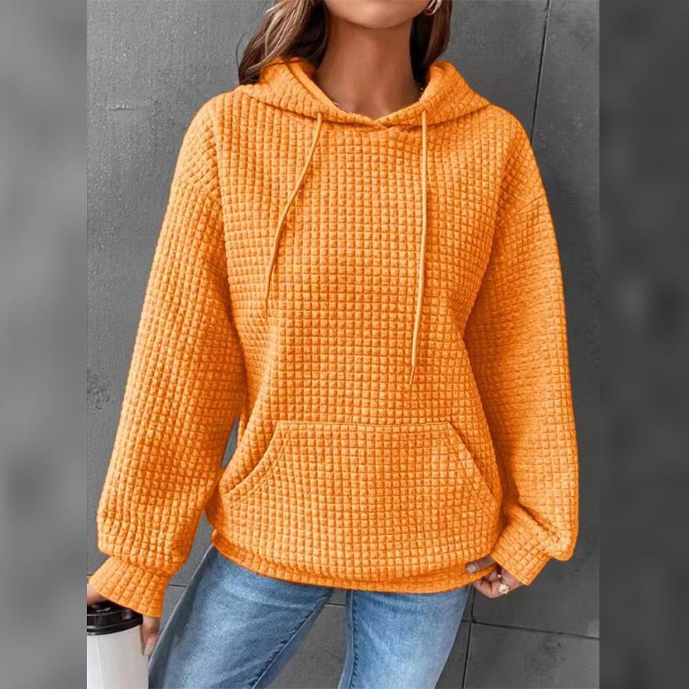 Women Hoodie Plaid Round Neck Pocket Pullover Long Sleeve Solid Color Jacket