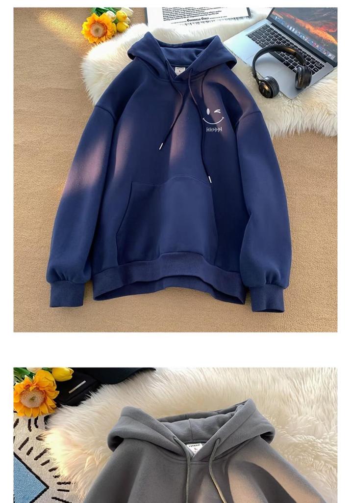 Smiling Face Unisex Hoodie - Spring/Autumn 2024 Trendy Fleece-Lined Loose Fit