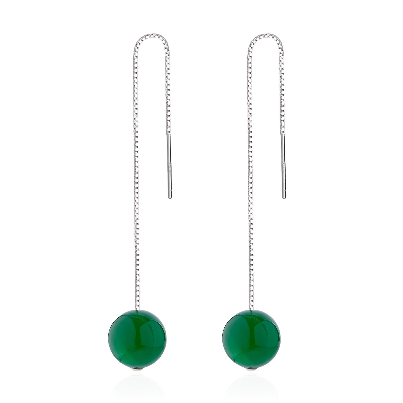 S925 Silver Long Tassel Earrings with Green Chalcedony Beads 925 Silver