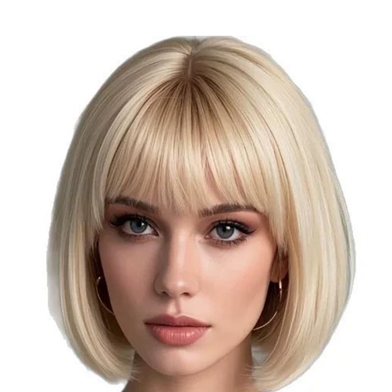 European and American Fashion Gold Wig Women's Full Head Set Short Straight Hair, Wavy Air Bangs, Fluffy Full Top Wig